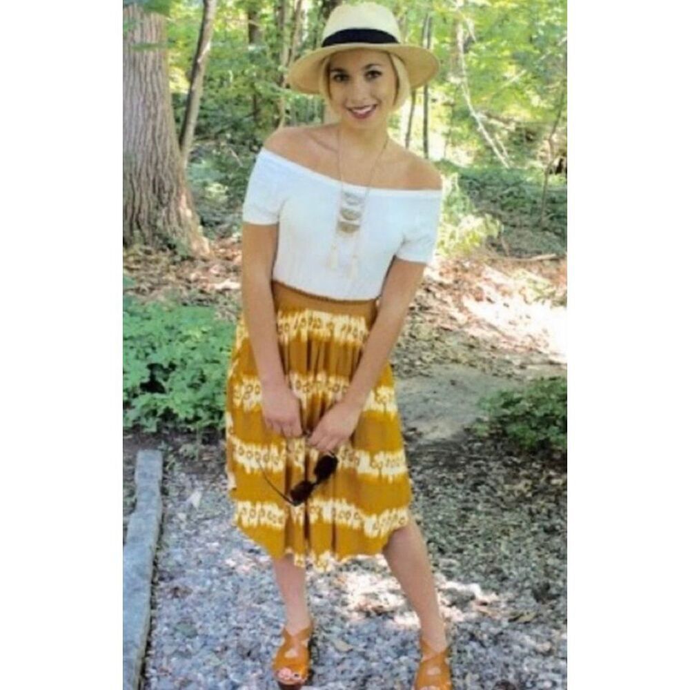 NWT Womens H&M Dye Dipped Goldenrod Boho Flowy MIdi Skirt - Sz 10